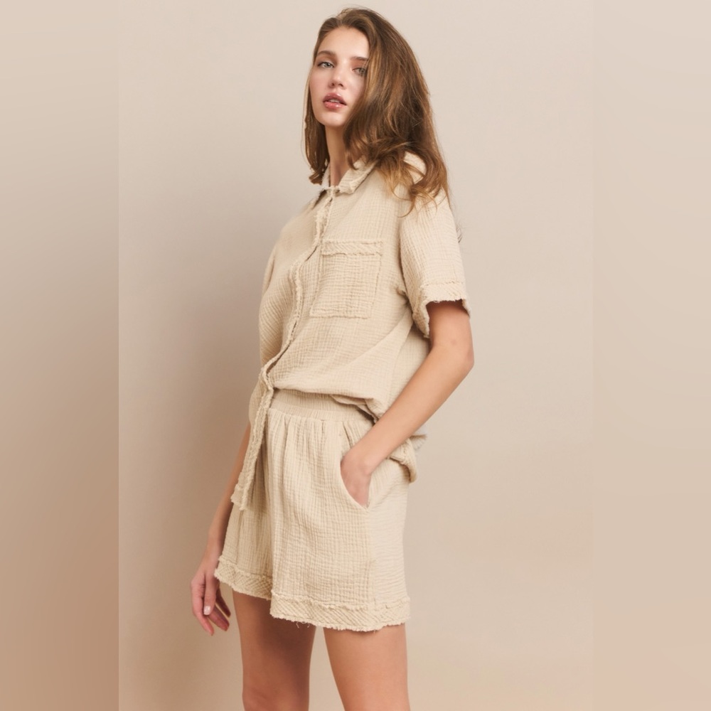 (1258ST-BGE) RAW EDGE WASHED GAUZE SHORT SLEEVE BUTTON DOWN TOP AND SHORTS SET
